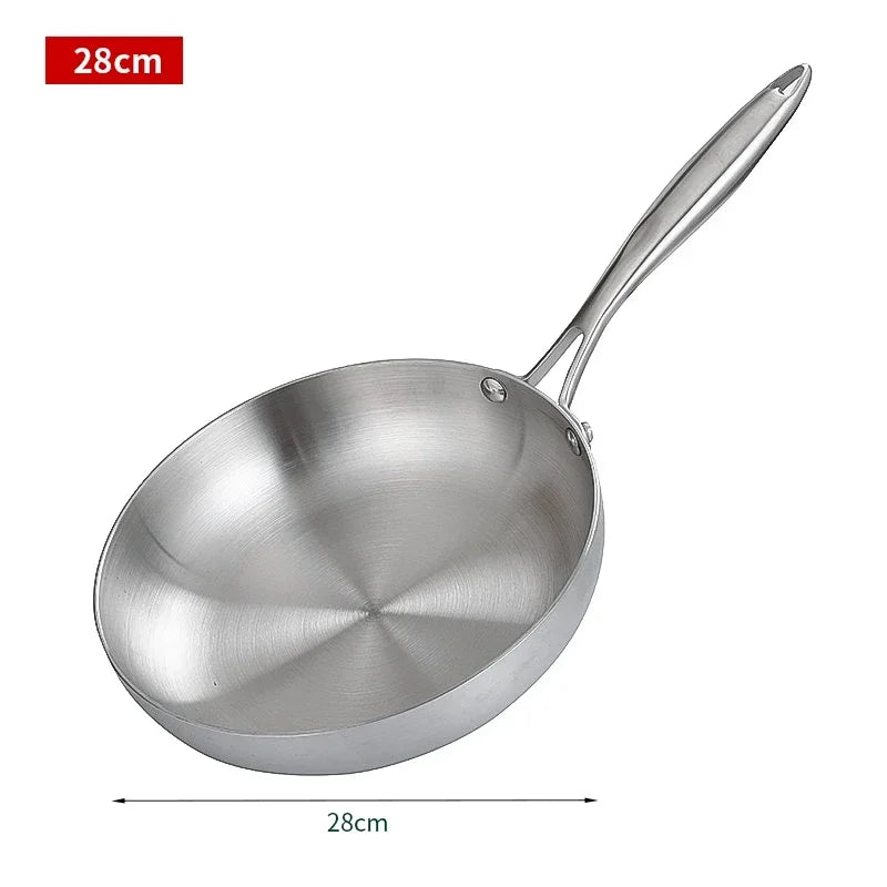 Stainless steel frying pan with a handle on a white background, showing measurement of 28cm.