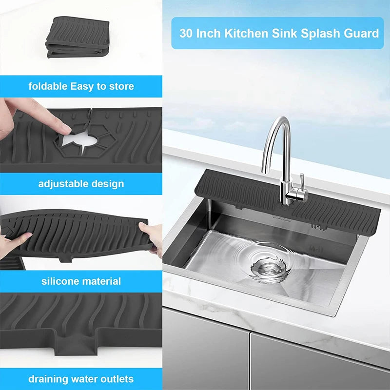 30 Inch Kitchen Sink Splash Guard with features highlighted on a kitchen sink background