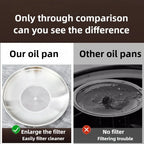 A comparison graphic showing two types of oil pans. The left panel, labeled 'Our oil pan', shows a clear, enlarged view of a metallic filter screen in the center of the pan, with text stating 'Enlarge the filter Easily filter cleaner' and a green checkmark.