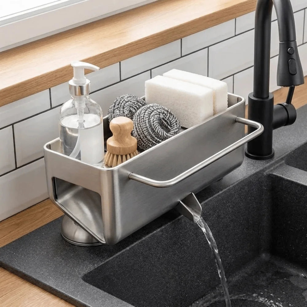 A stainless steel kitchen sink organizer hanging over a black sink, holding a soap dispenser, sponge, scrubber, and soap bars, with water flowing into the sink.