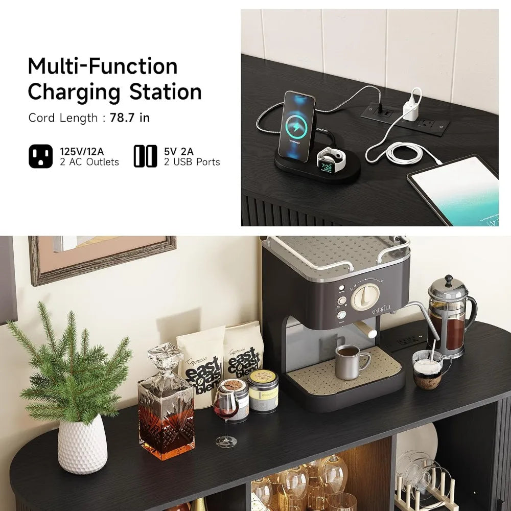 A multi-function charging station shown in a home bar or kitchen setting, charging a smartphone, earbuds, and a power bank on a black countertop. The top-left panel includes text describing the product features and cord length.