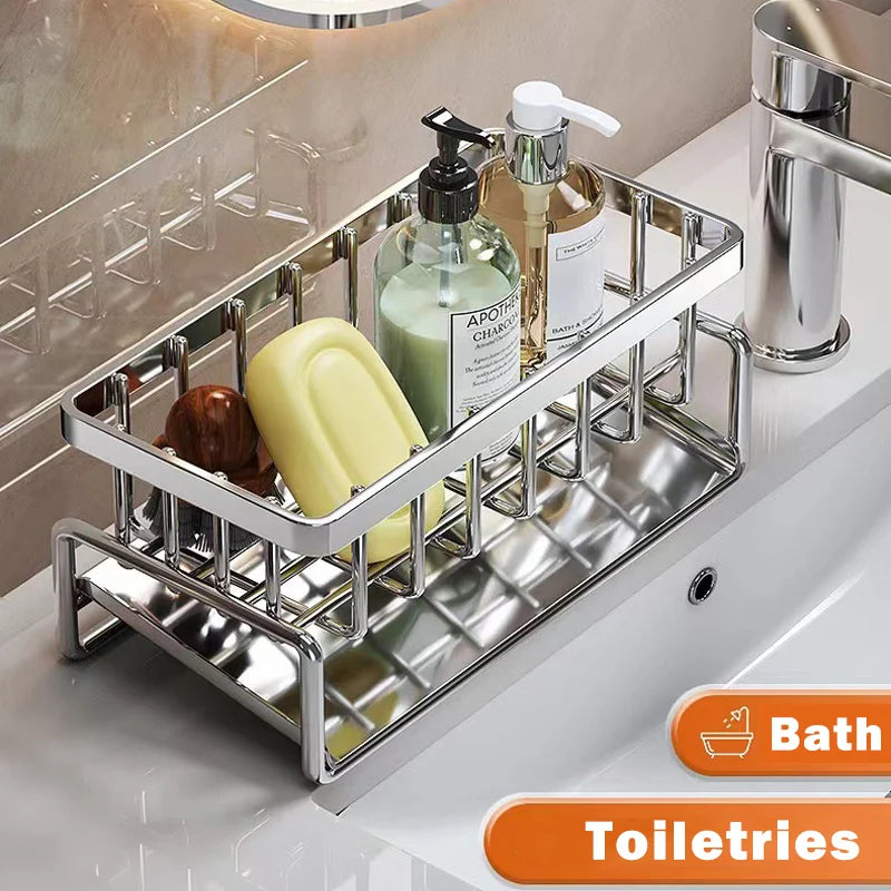 Bathroom shelf with toiletries including a bottle, soap, and shampoo on a sink counter.