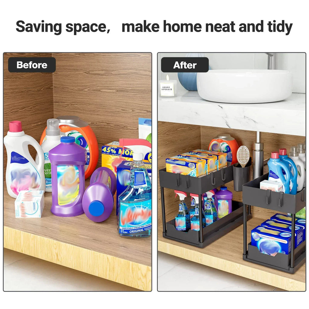 Before and after comparison of a cabinet with cleaning supplies using a storage organizer.