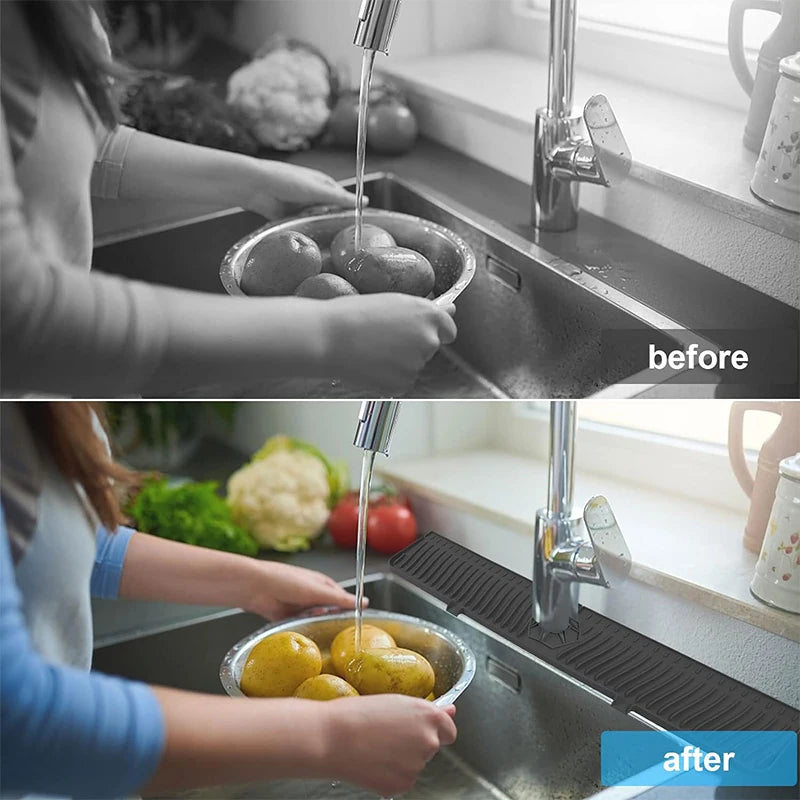 Before and after comparison of washing potatoes in a kitchen sink.