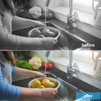 Before and after comparison of washing potatoes in a kitchen sink.