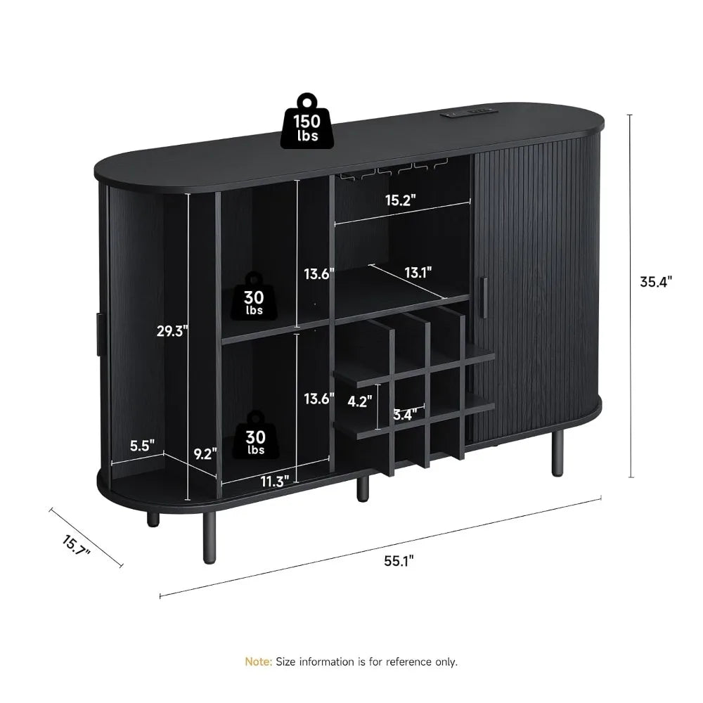 Black curved sideboard cabinet with shelving and dimension callouts showing width, height, and depth measurements on a white background.