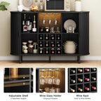 Black curved wine cabinet with glass-front doors, open shelves, hanging wine glass holder, wine rack, and storage compartments, shown filled with bottles, glasses, jars, and a plate. Three inset detail panels at the bottom show adjustable shelves, hanging wine glasses, and a wine rack.