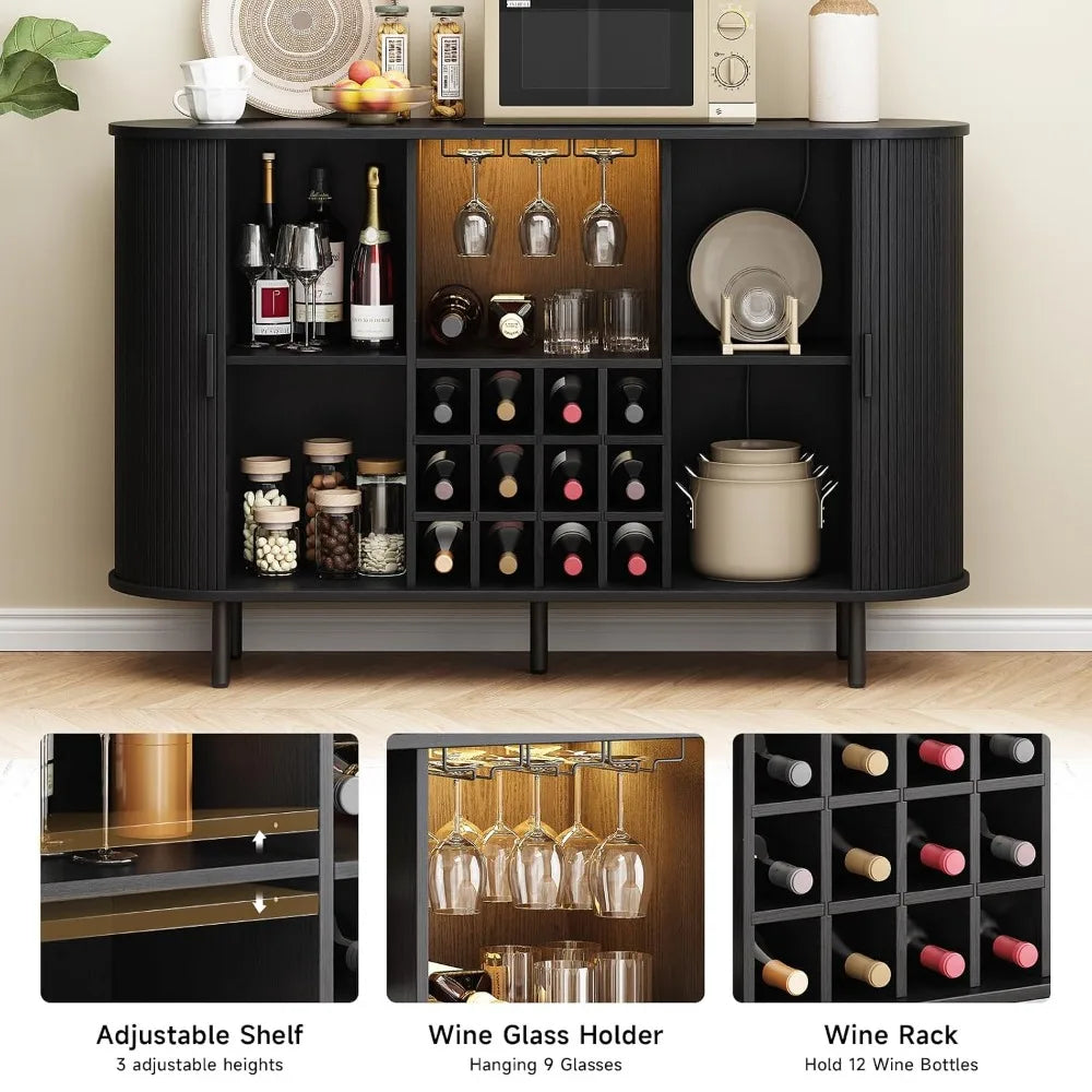 Black curved wine cabinet with glass-front doors, open shelves, hanging wine glass holder, wine rack, and storage compartments, shown filled with bottles, glasses, jars, and a plate. Three inset detail panels at the bottom show adjustable shelves, hanging wine glasses, and a wine rack.