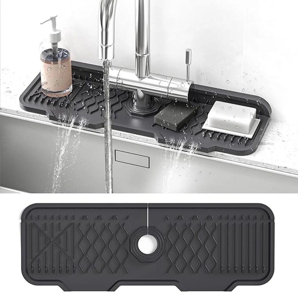 Black kitchen sink mat with a textured design on a white background