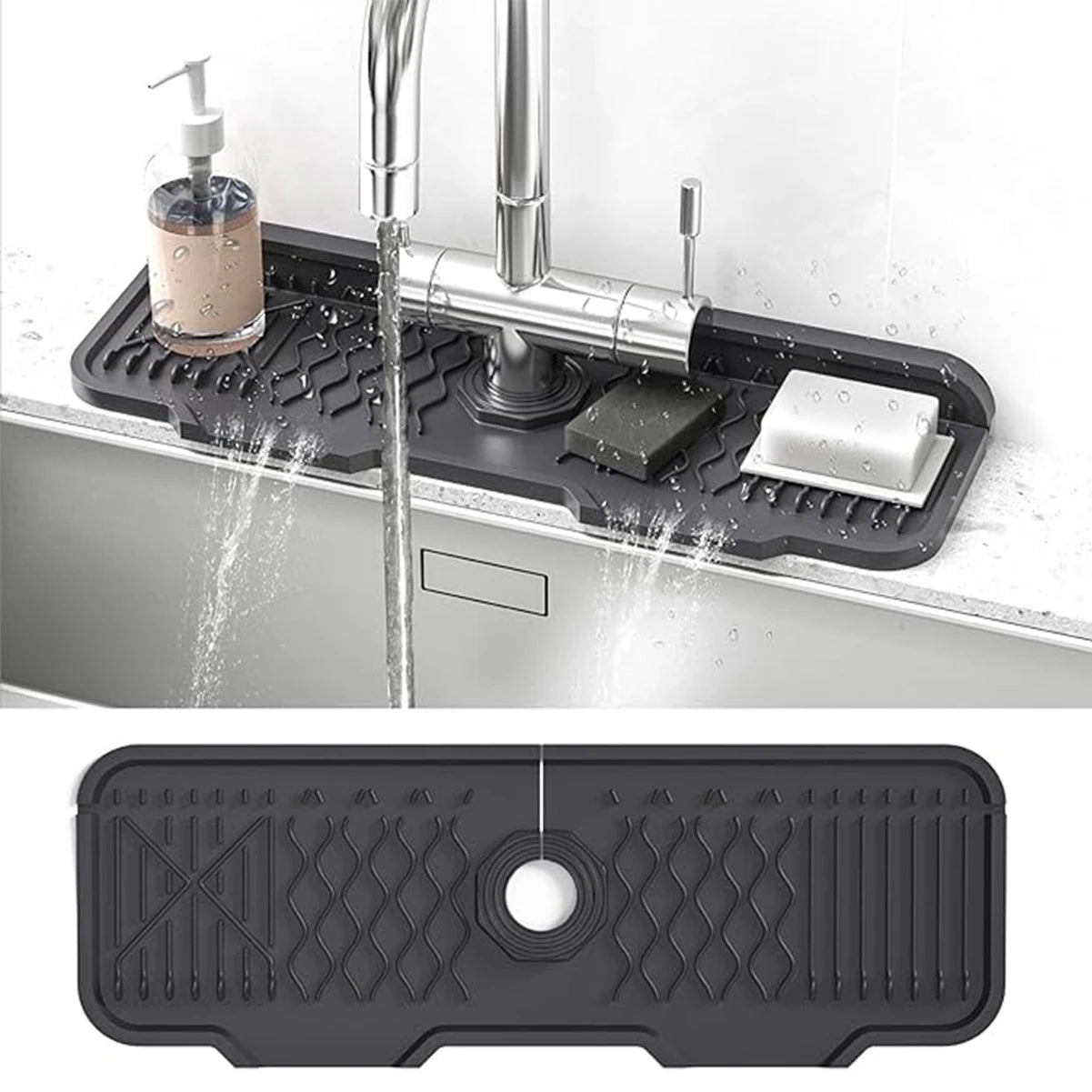 Black kitchen sink mat with a textured design on a white background