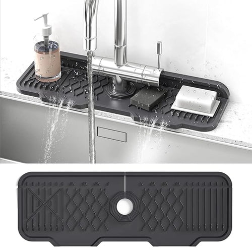 Black kitchen sink mat with a textured design on a white background