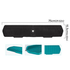 Black rubber mat with measurements and additional details on a white background