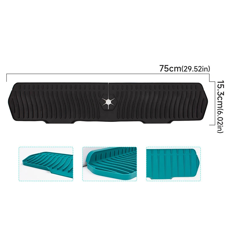 Black rubber mat with measurements and additional details on a white background