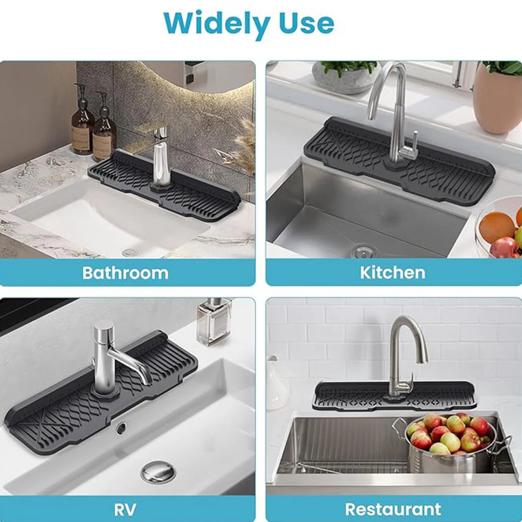 Black sink tray shown in various settings including bathroom, kitchen, RV, and restaurant.