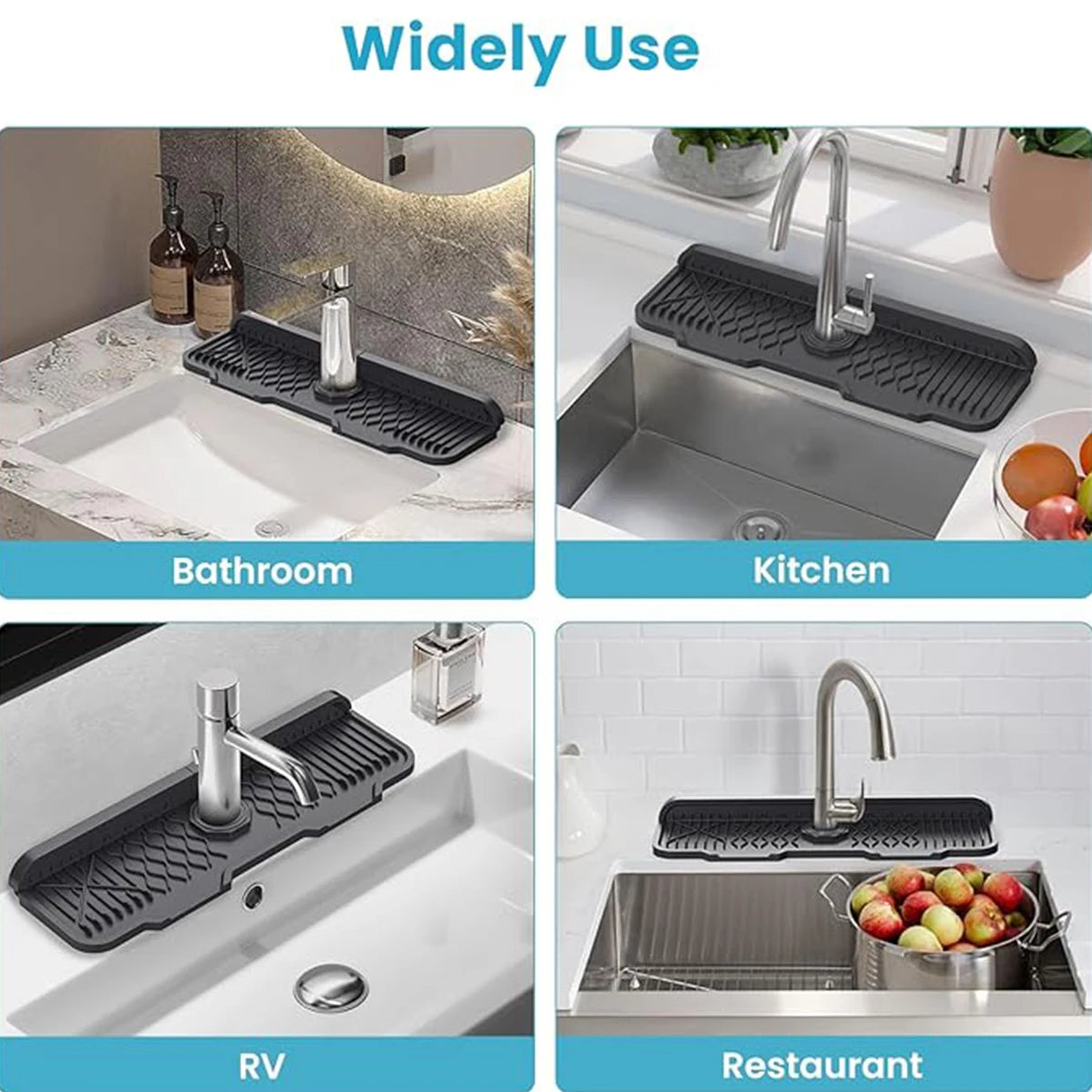 Black sink tray shown in various settings including bathroom, kitchen, RV, and restaurant.