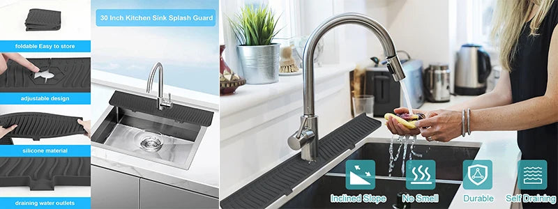 Collage of a kitchen sink mat, faucet, and person washing hands with text and icons on screen.