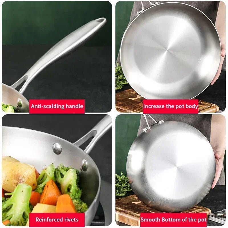 Collage of a stainless steel pot with features highlighted on a dark background.