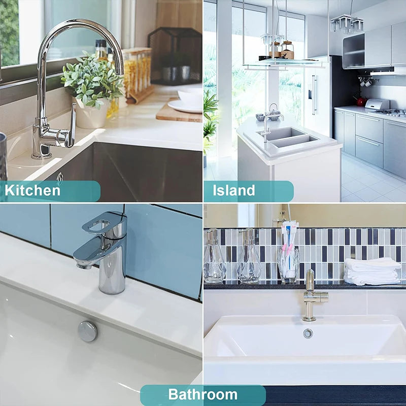 Collage of kitchen, island, and bathroom scenes with faucets.
