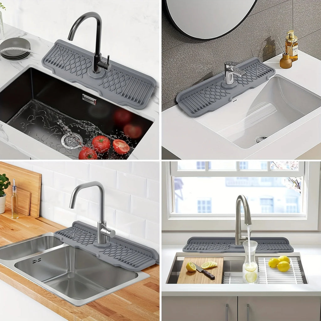 Collage of kitchen sinks with gray sink drains in various settings.