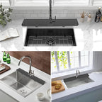Collage of three kitchen sink images with different designs and settings.