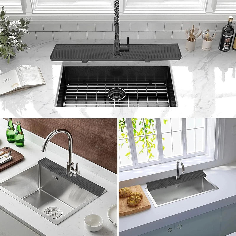 Collage of three kitchen sink images with different designs and settings.