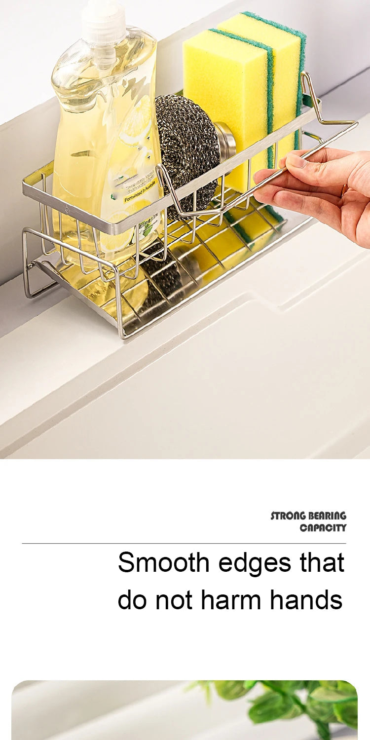 Dish rack with cleaning supplies on a kitchen counter, featuring text about smooth edges.