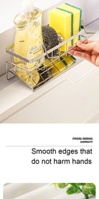 Dish rack with cleaning supplies on a kitchen counter, featuring text about smooth edges.