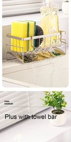 Dish rack with sponge holder and towel bar on a kitchen counter.
