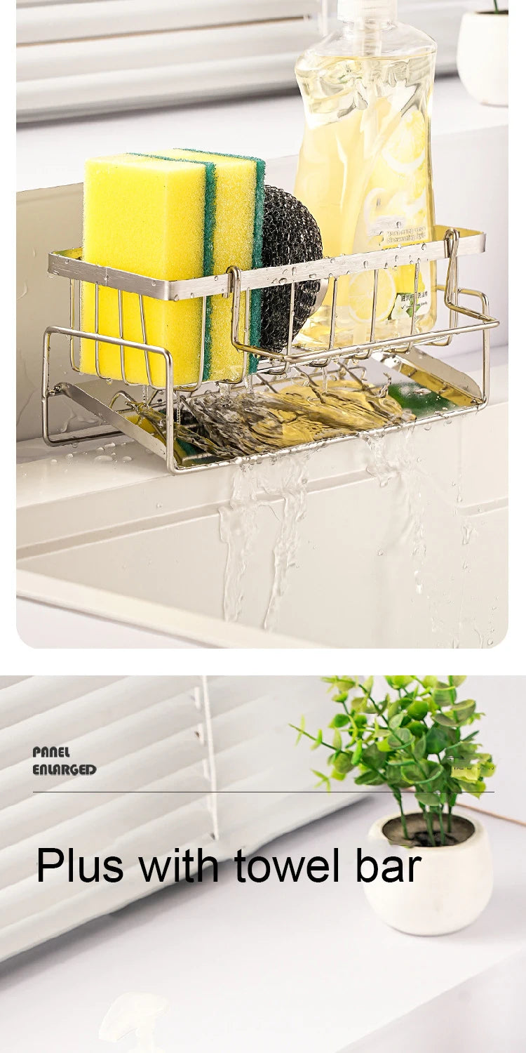 Dish rack with sponge holder and towel bar on a kitchen counter.