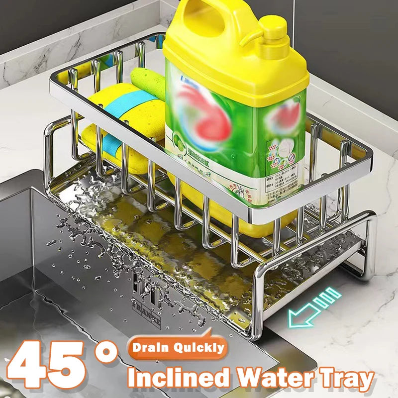 Dishwashing rack with detergent and sponges on a kitchen counter, featuring an inclined water tray.