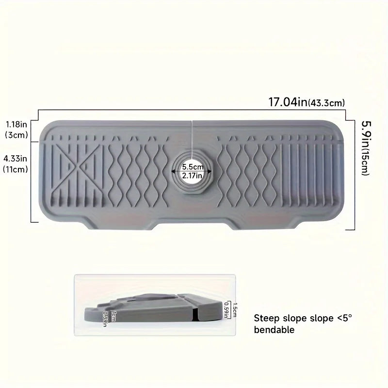 Gray rubber mat with measurements and text on a white background