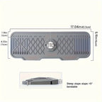 Gray rubber mat with measurements and text on a white background