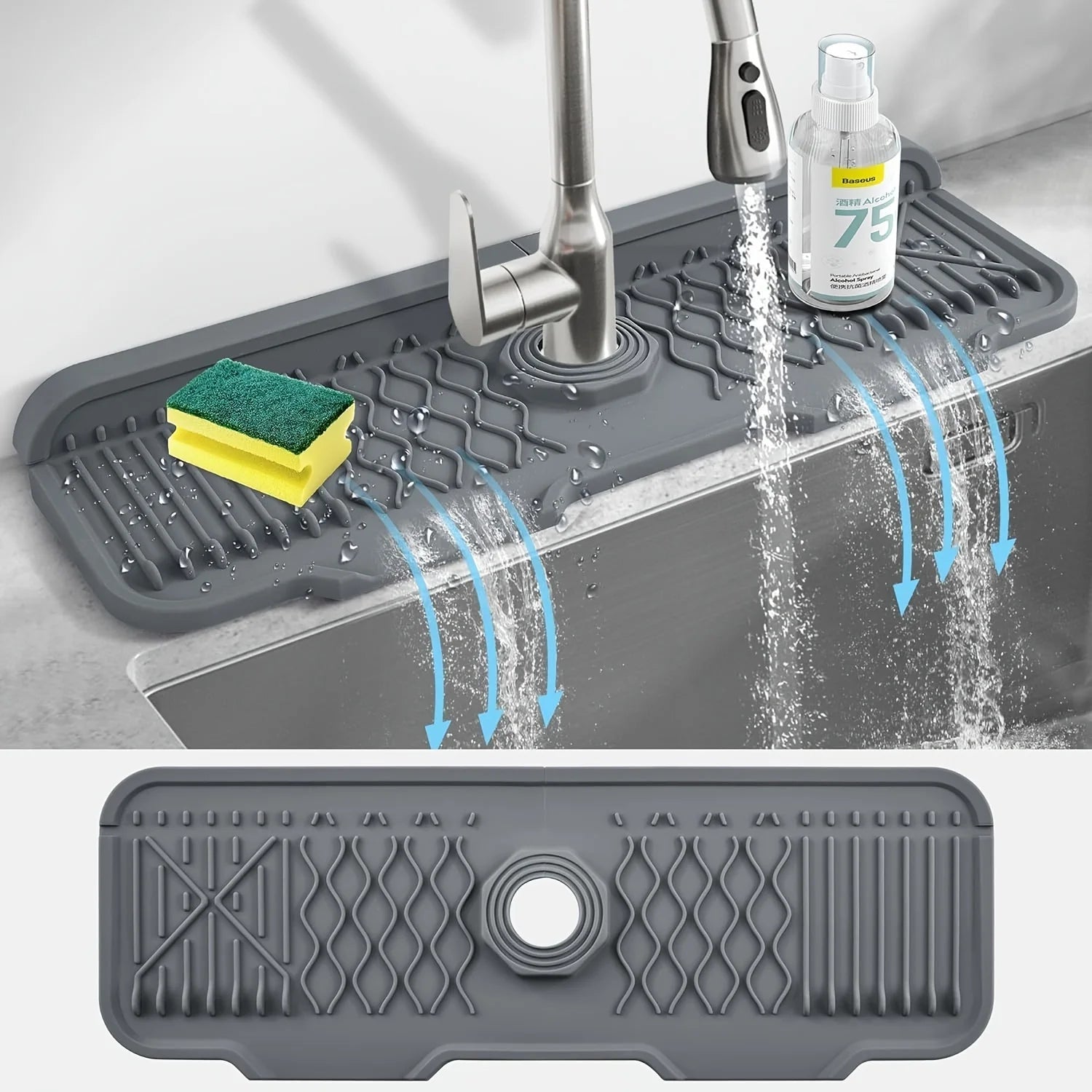 Gray silicone sink mat with water drainage holes in a kitchen setting.