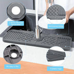 Gray silicone sink mat with features highlighted on a kitchen sink background