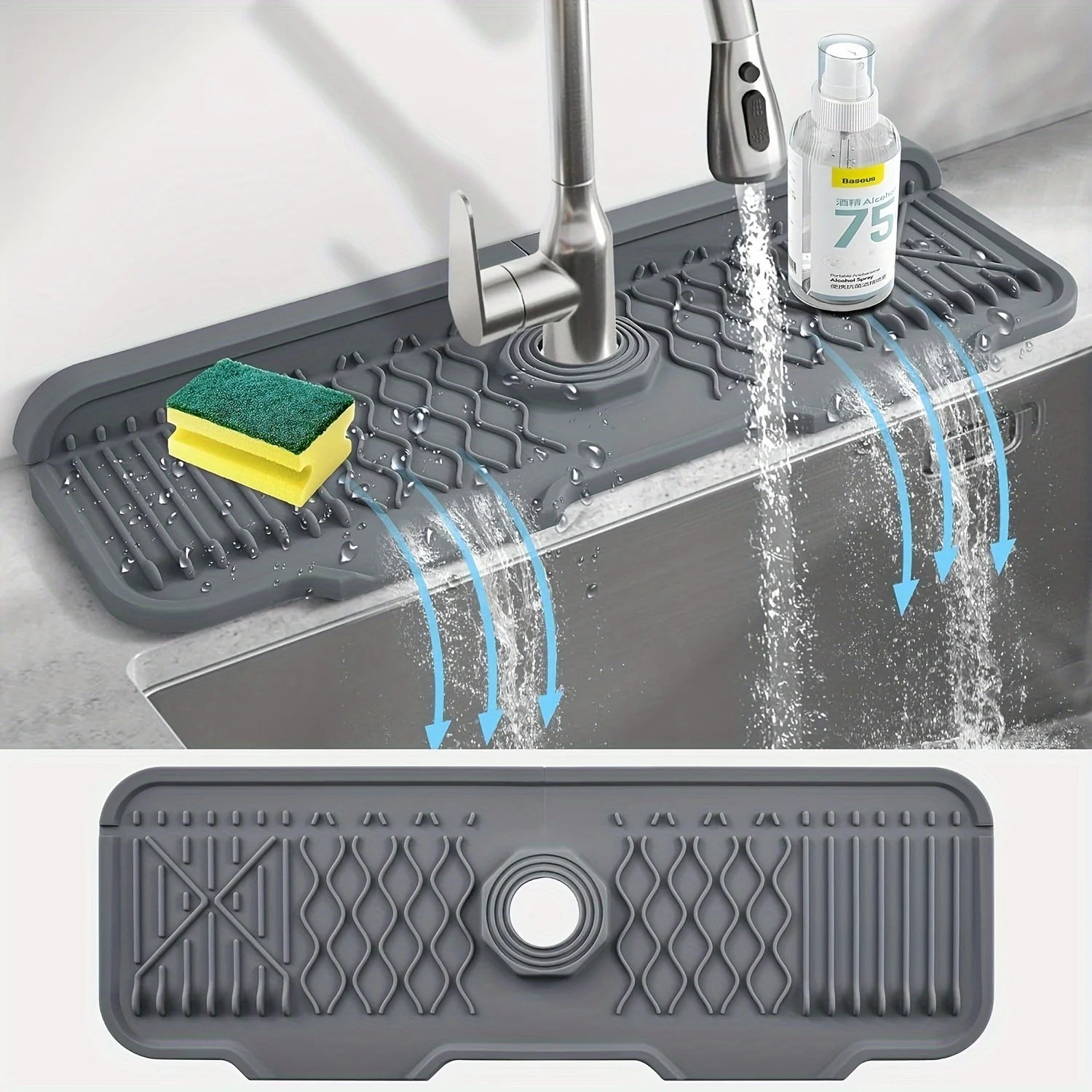 Gray silicone sink mat with water drainage holes in a kitchen setting.