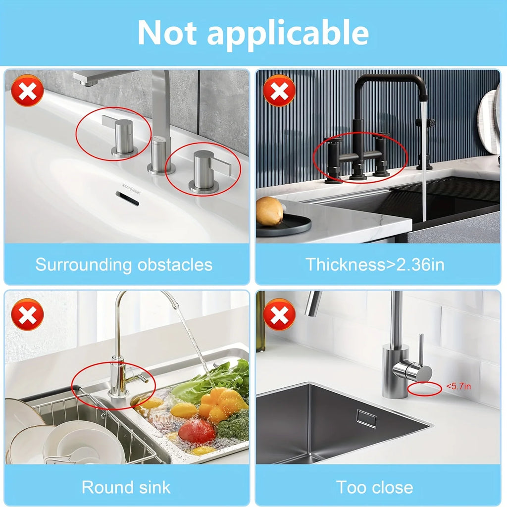 Illustrations of kitchen sink fixtures with red circles indicating issues on a blue background.