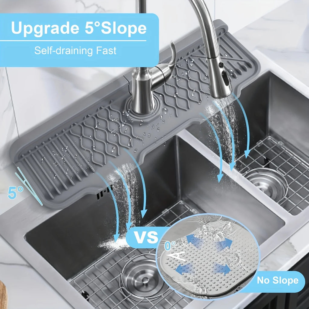 Kitchen sink with a Draining mat showing the 5-degree slope feature and self-draining system.