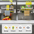 Kitchen sink with cleaning supplies and a labeled icon set.