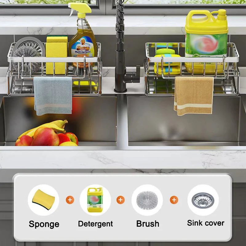 Kitchen sink with cleaning supplies and a labeled icon set.