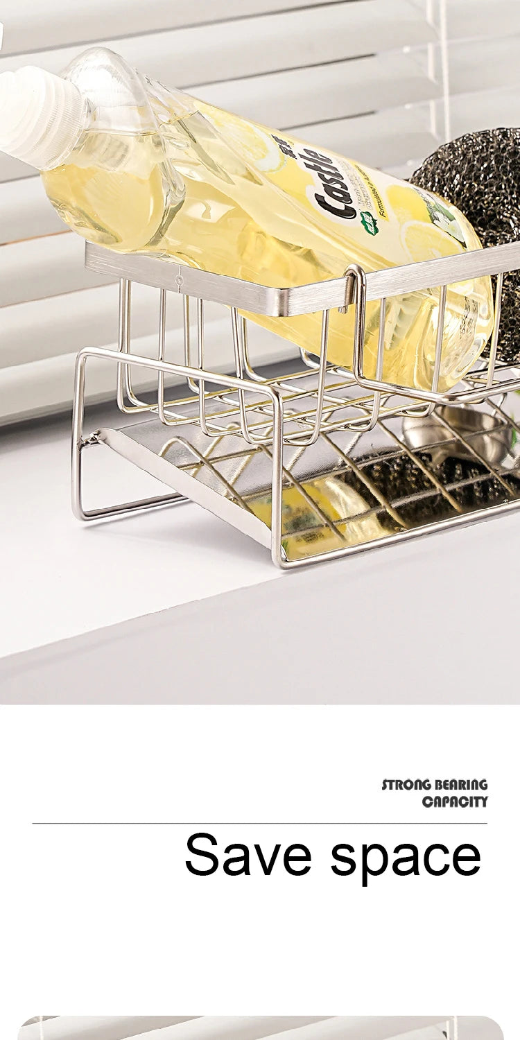 Metal dish rack with a bottle and sponge on a white surface, text 'Save space' displayed.