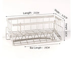 Metal dish rack with dimensions labeled on a white background
