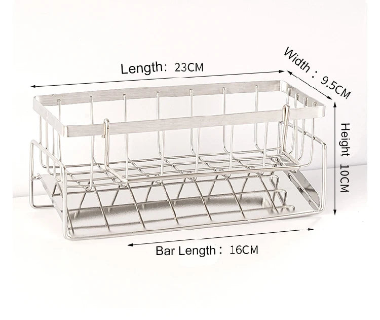 Metal dish rack with dimensions labeled on a white background