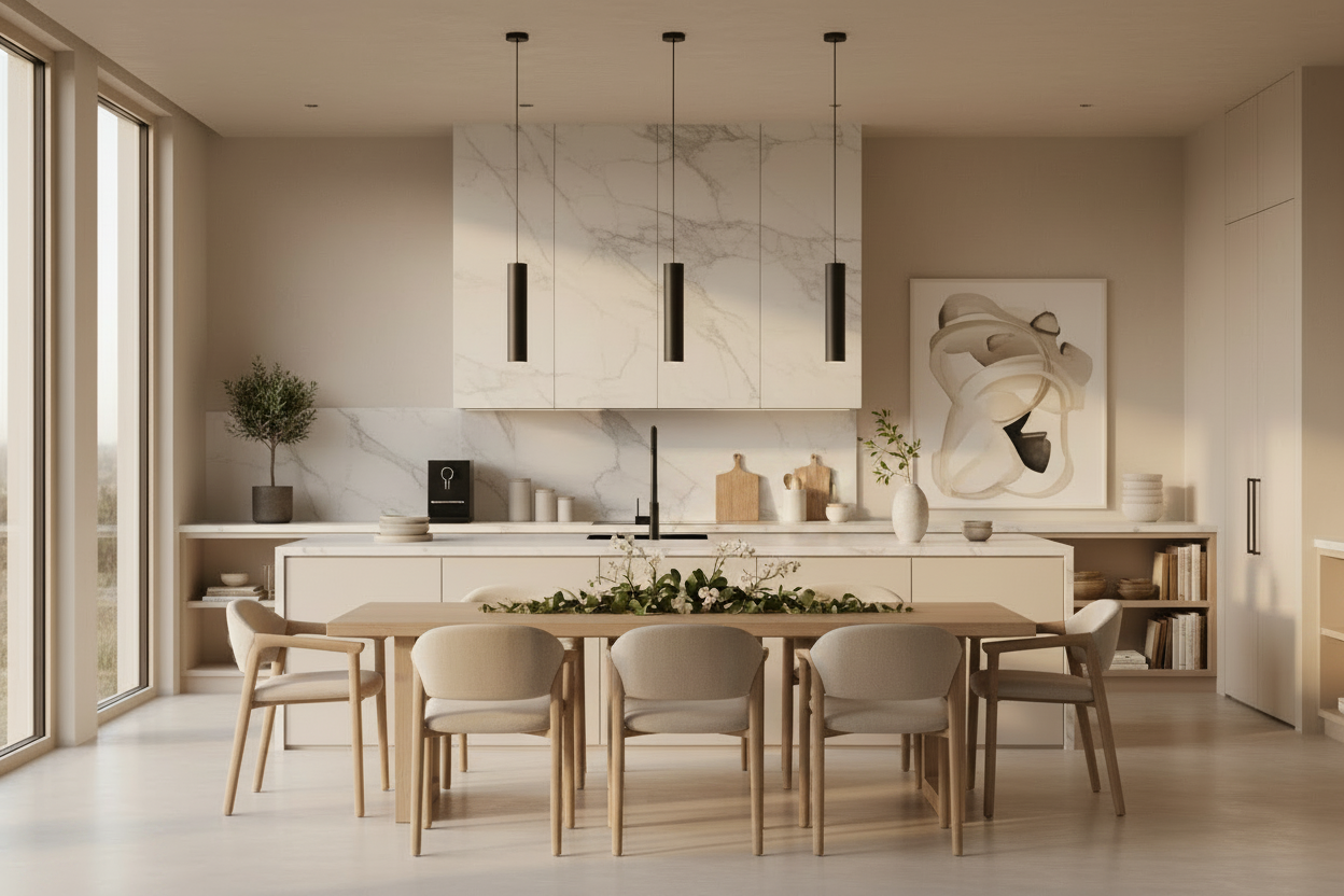 Modern kitchen with marble countertops, pendant lights, and a dining table.