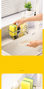 Person using a dish rack with a sponge and soap on a kitchen counter.