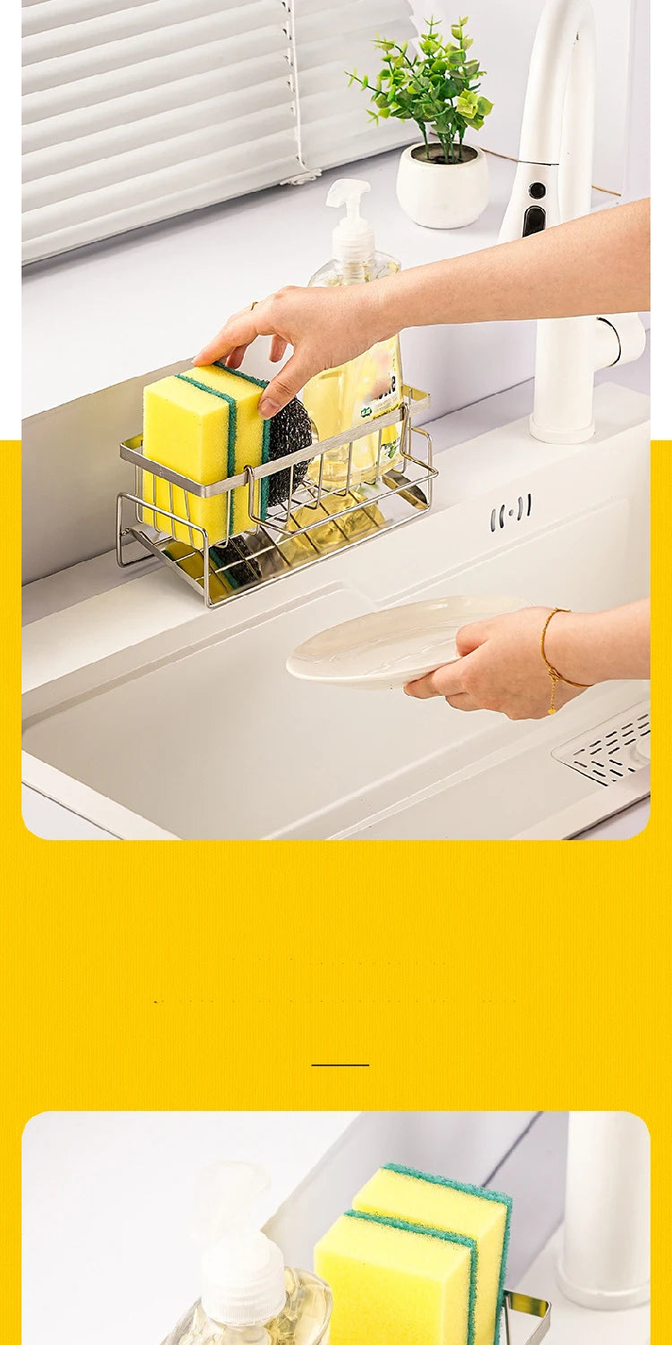 Person using a dish rack with a sponge and soap on a kitchen counter.