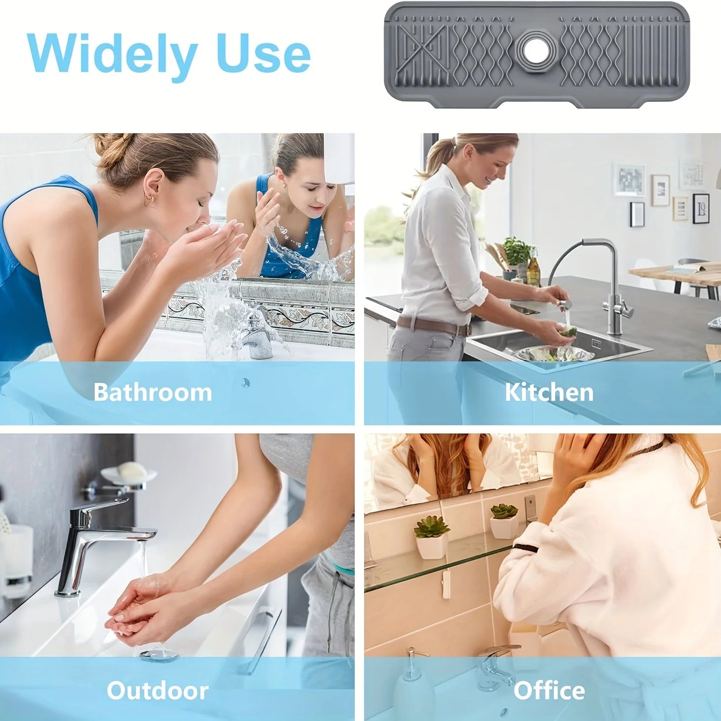Product being used in various settings including bathroom, kitchen, outdoor, and office.