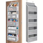 Gray hanging multi-shelf organizer with various items on a wooden door.