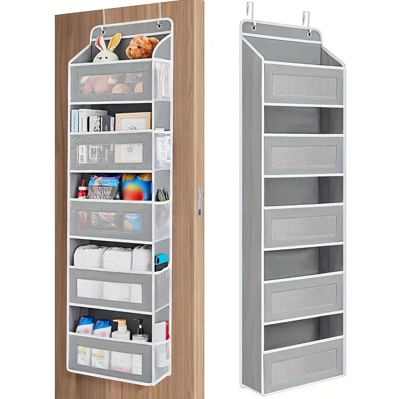 Gray hanging multi-shelf organizer with various items on a wooden door.