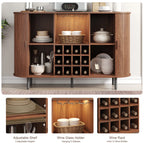 Wooden cabinet with adjustable shelf, wine glass holder, and wine rack in a room setting.