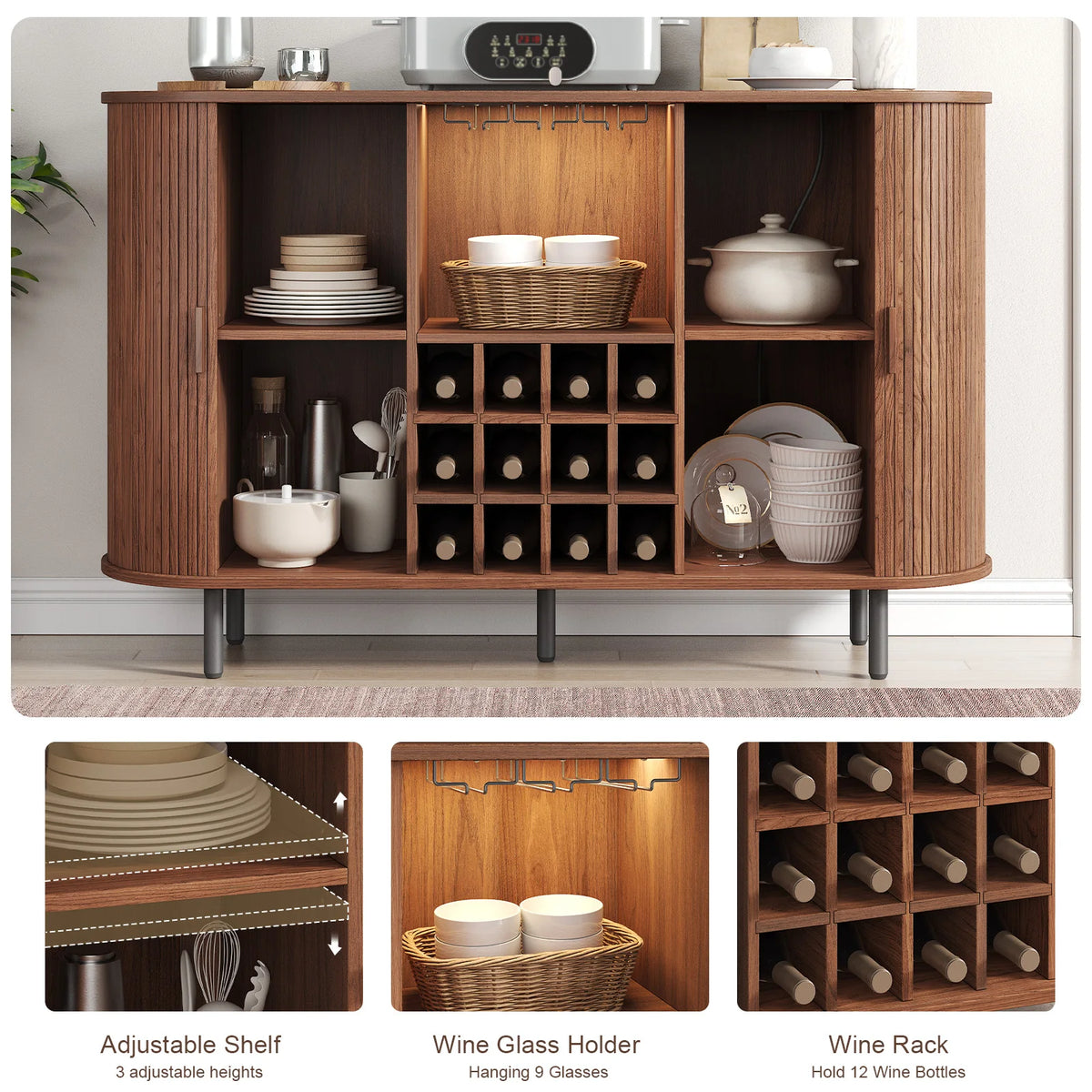 Wooden cabinet with adjustable shelf, wine glass holder, and wine rack in a room setting.